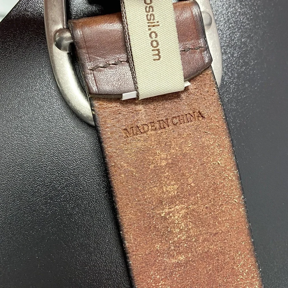 Fossil‎ Belt Mens Large Brown Leather Dress Silver Buckle Casual Classic